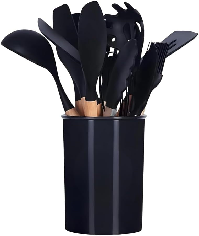 Kit Utensílios de Cozinha em Silicone e Madeira Antiaderente Branco 12 Peças